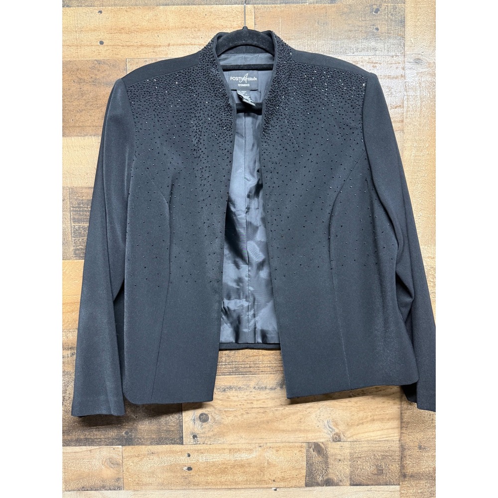 Positive Attitude Womens Black Beaded Open Front Blazer Jacket Size 16 Evening